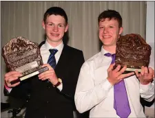  ??  ?? Seán O’Keeffe from Taghmon and Shane Fitzgerald, based at Michael Goff’s stable at Clondaw, Ferns, shared the Racing Post national Novice rider’s title after a dramatic conclusion and received their trophies at the awards function (Photograph: Healy...