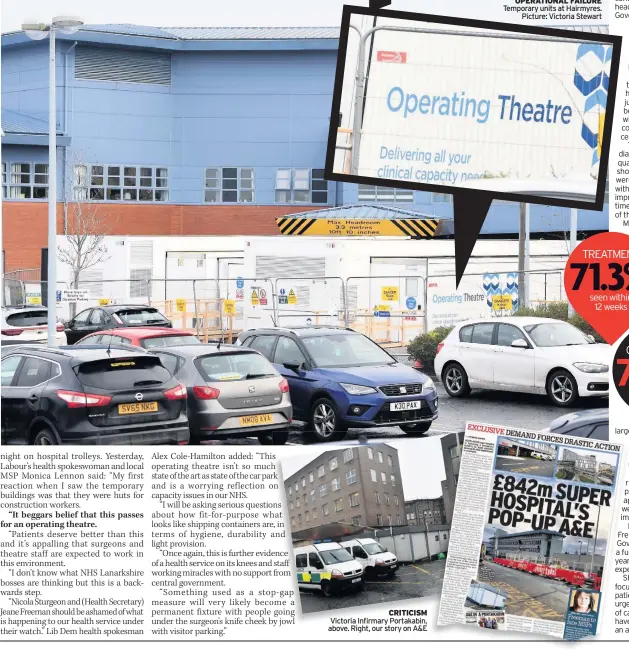  ??  ?? CRITICISM Victoria Infirmary Portakabin, above. Right, our story on A&E
OPERATIONA­L FAILURE Temporary units at Hairmyres. Picture: Victoria Stewart