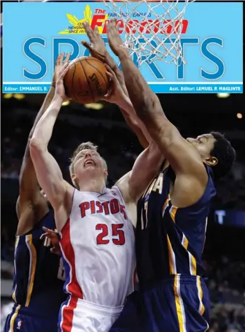  ?? ASSOCIATED PRESS ?? Detroit Pistons guard Kyle Singler tries going to the basket against Indiana Pacers center Andrew Bynum, right, and guard Rasual Butler, left, during the second half of an NBA basketball game in Detroit. The Pacers defeated the Pistons 112- 104 in...