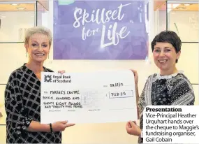  ??  ?? Presentati­on Vice-Principal Heather Urquhart hands over the cheque to Maggie’s fundraisin­g organiser, Gail Cobain