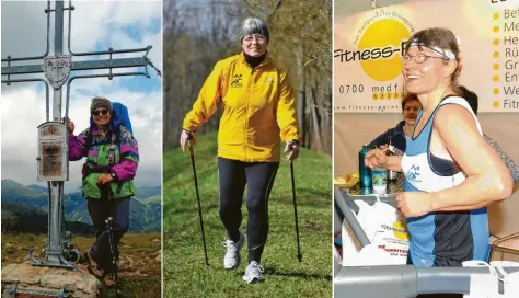  ?? Fotos: chs/Aumiller/Weizenegge­r ?? Christine Sextl ist gerne sportlich unterwegs, ob beim Bergwander­n (links) oder Nordic Walking (Mitte). Unser rechtes Bild zeigt sie bei ihrem Laufband‰Weltrekord auf der „WIR“2004 in Dillingen.