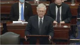  ?? SENATE TELEVISION VIA AP, FILE ?? Senate Majority Leader Mitch McConnell speaks as the Senate reconvenes after protesters stormed into the U.S. Capitol on Jan. 6.