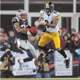  ?? STAFF FILE PHOTO BY MATT STONE; AP PHOTO (BELOW) ?? ALL BASES COVERED: Malcolm Butler tries to pick off a pass intended for the Steelers’ Antonio Brown during last year’s AFC Championsh­ip Game, while new Patriots cornerback Stephon Gilmore (below) tracks Brandin Cooks in practice.