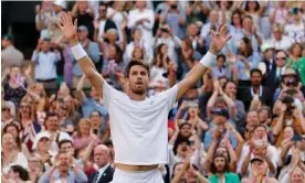  ?? Tom Jenkins/The Guardian ?? Cameron Norrie celebrates after winning his quarter-final at Wimbledon. Photograph: