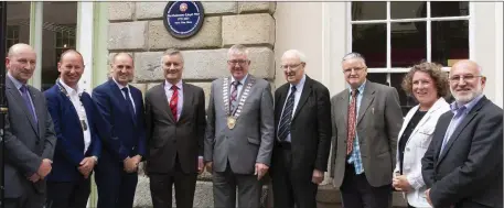  ??  ?? Cllr John Fleming, Lorcan Kinsella, Chamber of Commerce; Minister Paul Kehoe, Provost of Trinity College Prof. Patrick Prendergas­t, who unveiled the plaque; Cllr Willie Fitzharris, Dr Ronald Cox, Brian Smith National committee, Sinead Casey District...