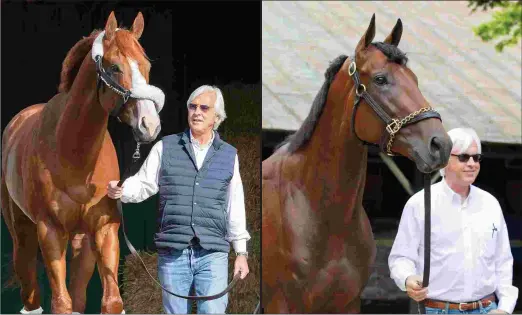  ?? BARBARA D. LIVINGSTON ?? Bob Baffert stands with his two Triple Crown winners: Justify (left) and American Pharoah. Sunny Jim Fitzsimmon­s is the only other trainer to have won the Triple Crown twice, with Gallant Fox (1930) and Omaha (1935).