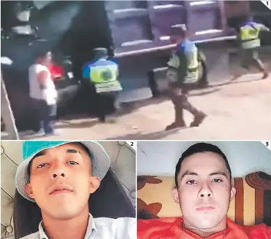  ?? FOTOS: EL HERALDO ?? (1) Miembros de la FNSTU dieron persecució­n al conductor de la volqueta y dispararon en un plantel en la Arturo Quezada. (2) Erick Davidson Barrientos recibió un disparo en la pierna y falleció en el Hospital Escuela. (3) El agente Levis Russi Rivera Benítez fue el que disparó el arma de reglamento.