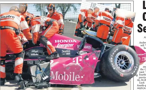  ??  ?? ‘FRAN’-TIC ACTION: Safety team members work to remove Dario Franchitti from his car after a crash during the IndyCar Grand Prix of Houston on Sunday. Franchitti was loaded into an ambulance (inset) after suffering two fractured vertebrae and a broken...