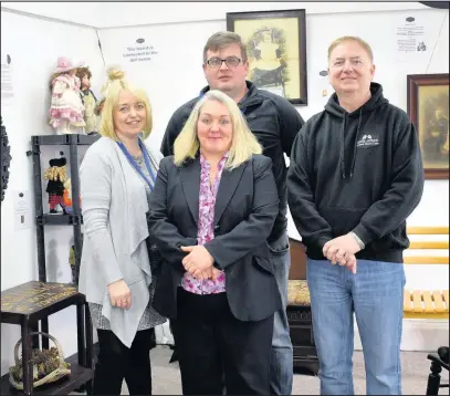  ??  ?? The Haunted Antiques Paranormal Research Centre is opening in Hinckley. From left: Sharon Ames, medium Jane Rowley, Matt Horton (back), Neil Packer