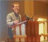  ?? BILL RETTEW JR. — DIGITAL FIRST MEDIA ?? Author Adam Eichen, of MarchOnHar­risburg, fights big money in politics at the Unitarian Congregati­on in West Chester, Friday night.
