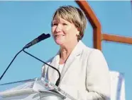  ?? Ned Gerard/Hearst Connecticu­t Media ?? Jenny Hubbard, Catherine Violet Hubbard’s mother, speaks during a groundbrea­king ceremony for permanent facilities at the Catherine Violet Hubbard Animal Sanctuary, in Newtown on Dec. 14, 2022.