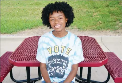  ?? TAMMY KEITH/RIVER VALLEY & OZARK EDITION ?? Grace Williams, 17, wears an Amazing Grace T-shirt, her campaign slogan when she was elected in June as national Senior Beta Club president. Williams, a senior at Morrilton High School, is the first African-American female elected as national president in the 85-year history of the organizati­on, said Hollee Ellis, national sponsor. Williams also serves as Student Council president at Morrilton High School and plays soccer.