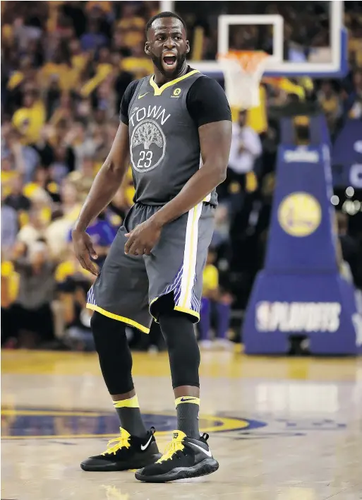  ?? — GETTY IMAGES FILES ?? Golden State Warriors forward Draymond Green, seen during Monday’s Game 2 win over the San Antonio Spurs in Oakland, Calif., says he got a flagrant foul call for getting ‘put in a chokehold like I was in WWE.’