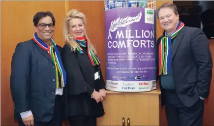  ??  ?? Independen­t Media executive chairman Dr Iqbal Survé, project director for Dis-Chem Foundation Penny Stein and Independen­t Media’s Gauteng regional editor Kevin Ritchie. More than 4 million sanitary pads were donated to ‘A million Comforts’ project last...