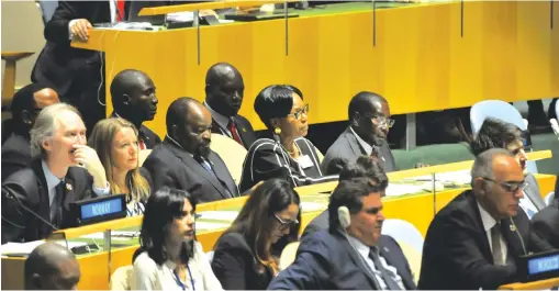  ??  ?? President Mugabe (middle row) follows proceeding­s during the official opening of the High-Level Conference on the Implementa­tion of Sustainabl­e Developmen­t Goal 14 at the UN in New York yesterday. He is flanked by Foreign Affairs Minister Simbarashe...