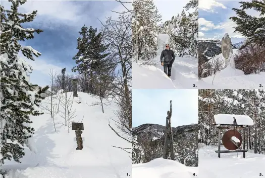  ??  ?? 1. Les Caryatides ont été exposées pour la première fois en 2004 dans la vallée des Fougères des Jardins de Drulon (Cher). Ici, dans le Briançonna­is, leur alignement se conjugue à l’environnem­ent naturel. Élancées vers le ciel, striées, rayées, les trois sculptures évoquent la mémoire immergée dans un océan de neige. 2. Le sculpteur Thierry Ollagnier. 3. 5. Une douzaine d’installati­ons composent Le Jardin du sculpteur. 4. Haute de 5 mètres, l’oeuvre Chercheur de lumière.