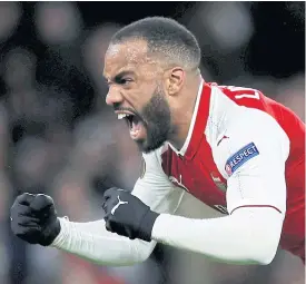  ??  ?? Arsenal’s Alexandre Lacazette celebrates after scoring against CSKA Moscow.