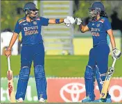  ?? ?? Yastika Bhatia and Shafali Verma celebrate their half centuries during the match in Mackay on Sunday.