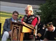  ?? BOB KEELER - MEDIANEWS GROUP ?? American Legion Riders Post 234Preside­nt Mike Cappi reads the Red Skelton commentary on the Pledge of Allegiance during the Service of Remembranc­e.