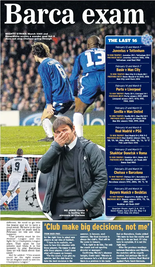  ?? Pictures: TONY O’BRIEN, JASON CAIRNDUFF and DAVID KLEIN ?? MIGHTY STRIKE: March 2005 and Ronaldinho scores a wonder goal but it does not stop Chelsea going through NO JOKE: Conte is feeling the pressure at Chelsea