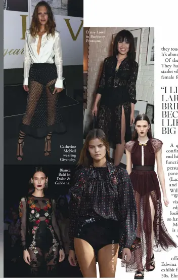  ??  ?? Catherine McNeil wearing Givenchy.
Bianca Balti in Dolce & Gabbana. Daisy Lowe in Burberry Prorsum.