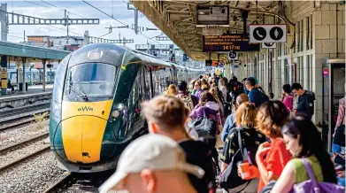  ?? JACK BOSKETT. ?? A Great Western Railway IET calls at Cardiff Central on September 16, with a service bound for London Paddington. GWR is opposing open access operator Grand Union Trains’ plans for new services in South Wales.