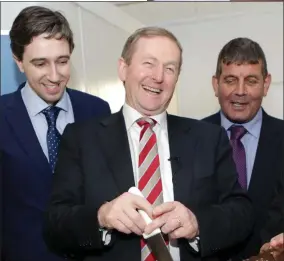  ??  ?? Minister Simon Harris, Taoiseach Enda Kenny and Minister of State Andrew Doyle during a visit by the Taoiseach to Newmarket Kitchen in Bray in February 2016.