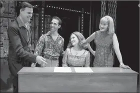  ??  ?? Record producer Don Kirshner (James Clow) was looking for a hit for The Shirelles, so he approaches songwriter­s Barry Mann (Jacob Heimer, second from left), Carole King (Sarah Bockel) and Cynthia Weil (Sarah Coeke) in the musical