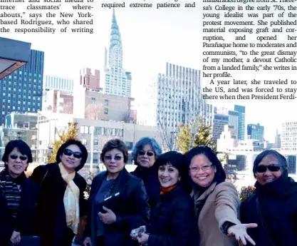  ??  ?? SISTERHOOD OF ‘SLEUTHS’ At play atop a New York City condominiu­m with the Chrysler Building in the background. From left: Aya Villegas, Tess Calupitan-Medina, Tim Rodriguez-Manalo, Carol SalasMcClu­skey, Chita Sevilla, Chit Quimbo-Rader and Rodriguez