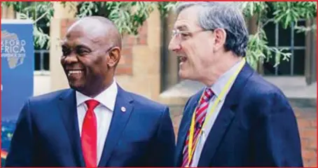  ??  ?? Chairman, Heirs Holdings, Mr. Tony O. Elumelu (left), and Dean, Oxford University, Peter Tufano, at the historic Oxford Union, where Elumelu delivered a speech on Africapita­lism as a catalyst for Africa’s developmen­t in the United Kingdom...weekend