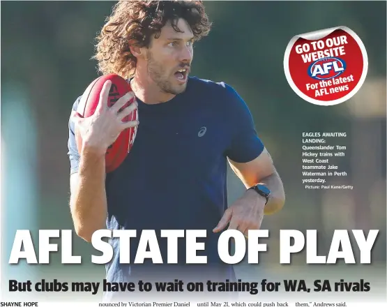  ?? Picture: Paul Kane/getty ?? EAGLES AWAITING LANDING: Queensland­er Tom Hickey trains with West Coast teammate Jake Waterman in Perth yesterday.