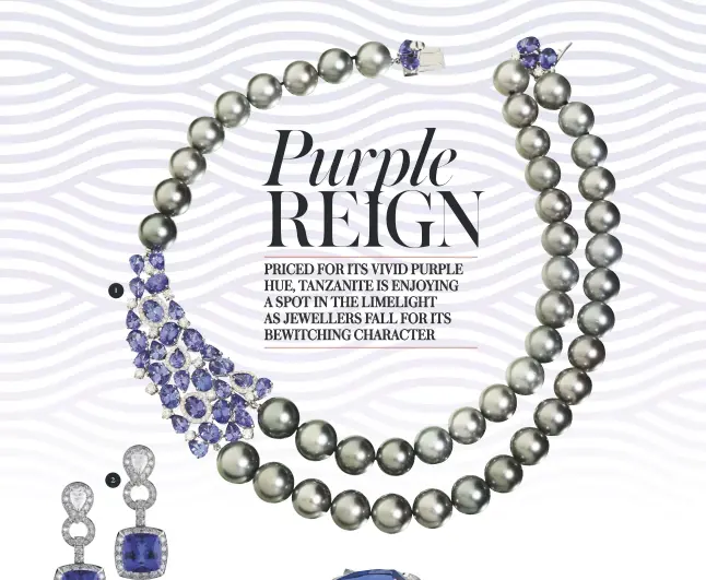  ??  ?? 1. Necklace with tanzanites, Tahitian pearls and diamonds, UTOPIA 2. Earrings with tanzanites and diamonds, EXOTIC GEMS 3. Earrings with tanzanites, diamonds and cuprian elbaite tourmaline­s, TIFFANY & CO 4 Ring with tanzanite, diamonds, sapphires and...