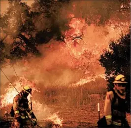  ?? NOAH BERGER/AP ?? Crews light a backfire to prevent a blaze from jumping a road Saturday near Ventura, Calif.