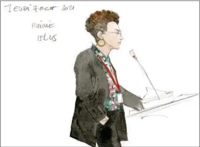  ?? (AP/Noelle Herrenschm­idt) ?? A woman named Pricille testifies Oct. 7 during the trial after the Bataclan concert hall attack trial in Paris.