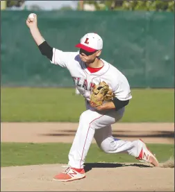  ?? PHOTOS BY DAVID WITTE/NEWS-SENTINEL ?? Above: Lodi reliever Trevor Shuman pitches out of a jam in the sixth inning of Lodi's 7-4 victory over West, completing a series sweep, on Friday, April 28, 2017 at Zupo Field. Below: Lodi second baseman Logan Morita (15) accepts a gloved high five...