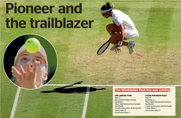  ?? GETTY IMAGES ?? Tunisia’s Ons Jabeur leaps for joy after booking her place in the Wimbledon women’s singles final where she will meet Kazakhstan’s Elena Rybakina, inset.