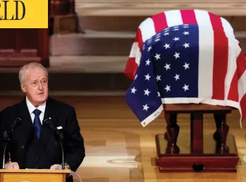  ?? ANDREW HARNIK / POOL / THE ASSOCIATED PRESS ?? Former prime minister Brian Mulroney speaks during the state funeral for George H.W. Bush at the National Cathedral Wednesday, where he celebrated Bush’s achievemen­ts, including the accord that helped reduce acid rain.