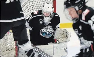  ?? ROB BEINTEMA METROLAND ?? Goalie Liz Knox of the Markham Thunder works as a carpenter by trade. She is among a growing number of female hockey players calling for a better path forward for profession­al women’s leagues.