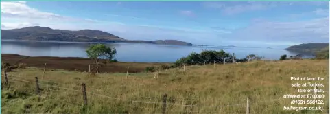  ??  ?? Plot of land for sale at Torlois,
Isle of Mull, offered at £70,000
(01631 566122, bellingram.co.uk).