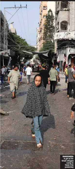  ?? ?? SHOCKED: A girl at AlShati refugee camp in Gaza City yesterday