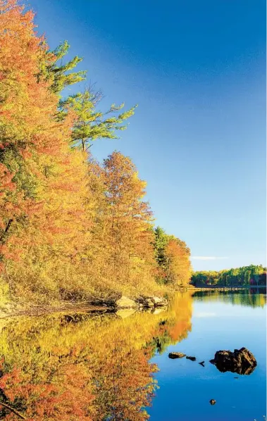  ?? GETTY IMAGES ?? Autumn colors reflect off a New England lake. An app at Smokymount­ains.com predicts peak seasons across the U.S.