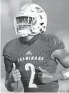  ?? JOHN MCCALL/SOUTH FLORIDA SUN SENTINEL ?? Chaminade-Madonna defensive end Kenyatta Jackson Jr. warms up before a game against Hialeah Champagnat on Sept. 11, 2020.