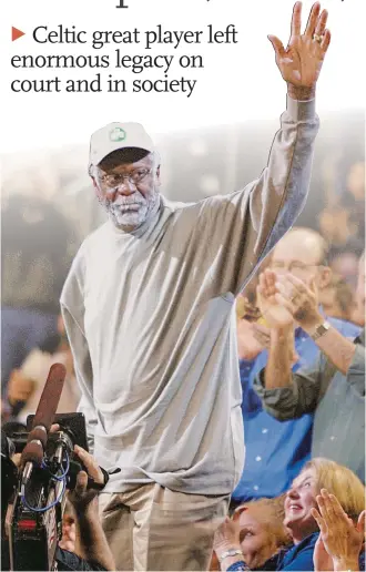  ?? Photo: AFP ?? Boston Celtic legend Bill Russell waves his hand during his former team’s game in Seattle, the US on February 11, 2003.