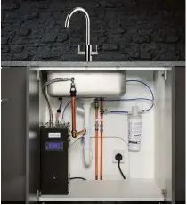  ??  ?? This installati­on – showing the Abode Profile 4-in-1 tap – is indicative of a instant hot water tap set up. Bear in mind that you’ll need to plan in a power socket, and will need space for the supply tank typically within the unit beneath the sink. Installati­on