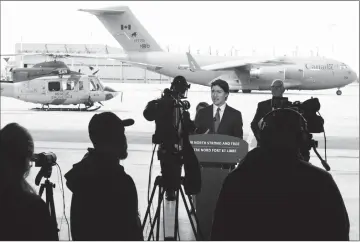  ?? CANADIAN PRESS PHOTO ?? Prime Minister Justin Trudeau speaks during a press conference regarding Canada’s new defence policy at CFB Trenton, in Trenton, Ont., Monday.