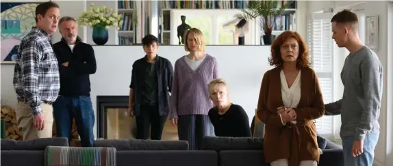  ??  ?? GOODBYE PARTY: Michael (Rainn Wilson), Paul (Sam Neill), Chris (Bex Taylor-Klaus), Anna (Mia Wasikowska), Liz (Lindsay Duncan), Lily (Susan Sarandon) and Jonathan (Anson Boon), from left, have come together for a final farewell before Lily commits suicide in ‘Blackbird.’