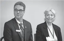  ?? BEN LONERGAN/THE REGISTER-GUARD ?? Incumbent Ward 2 city councilor Matt Keating, left, and challenger Lisa Warnes take part in a debate between candidates for Eugene City Council Ward 1 and Ward 2 on March 29 at a meeting of the City Club of Eugene.