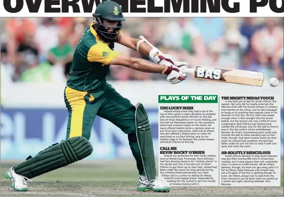  ?? PICTURE: AP ?? IN TOTAL CONTROL: Hashim Amla scored 159 against Ireland in Canberra yesterday, guiding South Africa to their second consecutiv­e score of over 400.