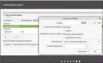  ??  ?? System ersetzen: Um ein bestehende­s System durch Mint zu ersetzen, müssen Sie die Partition löschen und den „freien Speicherpl­atz“mit Ext4 ausstatten. Einhängepu­nkt ist „/“.