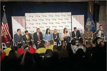  ?? KATHLEEN CAREY – DIGITAL FIRST MEDIA ?? Dem candidates for the 5th District seat in Congress sit on the stage during candidate forum held at Xfiniti Live in South Philly Thursday night.